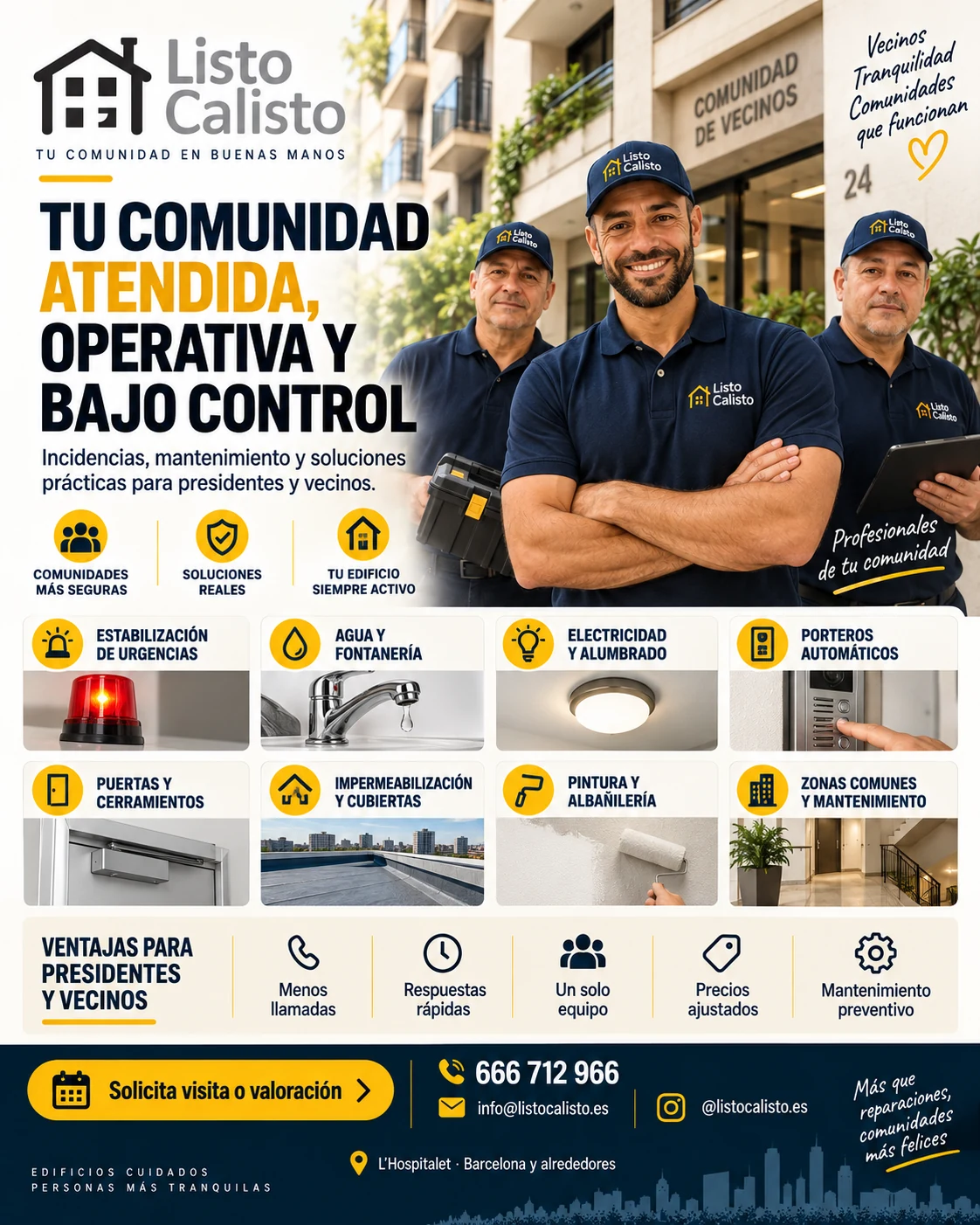 Servicios de mantenimiento para comunidades de vecinos: agua, electricidad, porteros, puertas, cubiertas e impermeabilización