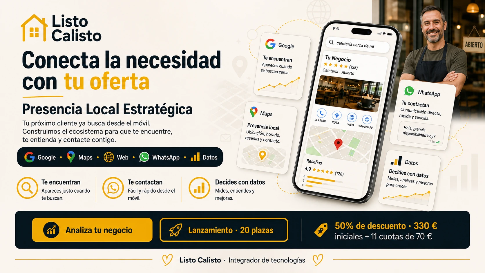 Conecta la necesidad local con la oferta de tu negocio mediante Google, Maps, web, WhatsApp y datos